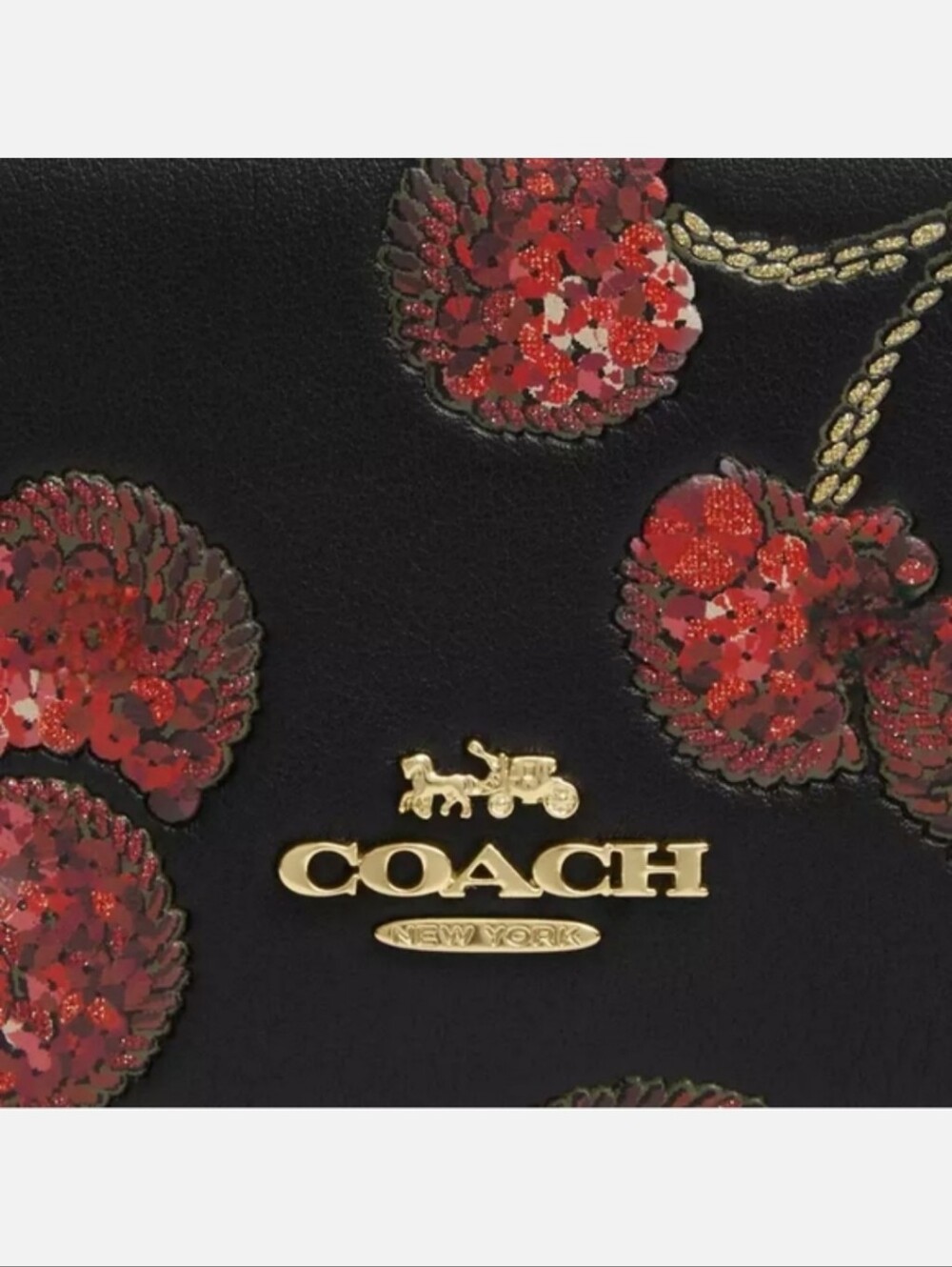 Coach Mini Wallat On A Chain Sequined Cherry Print Black Leather Crossbody - Picture 13 of 14